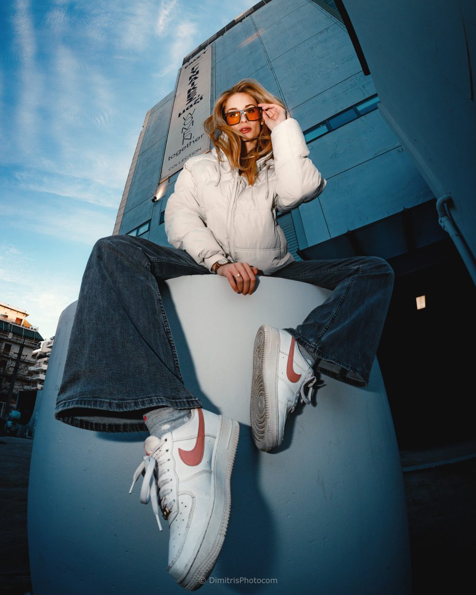 Urban street fashion photography by Dimitris Photo, Athens EMST location, wide-angle portrait